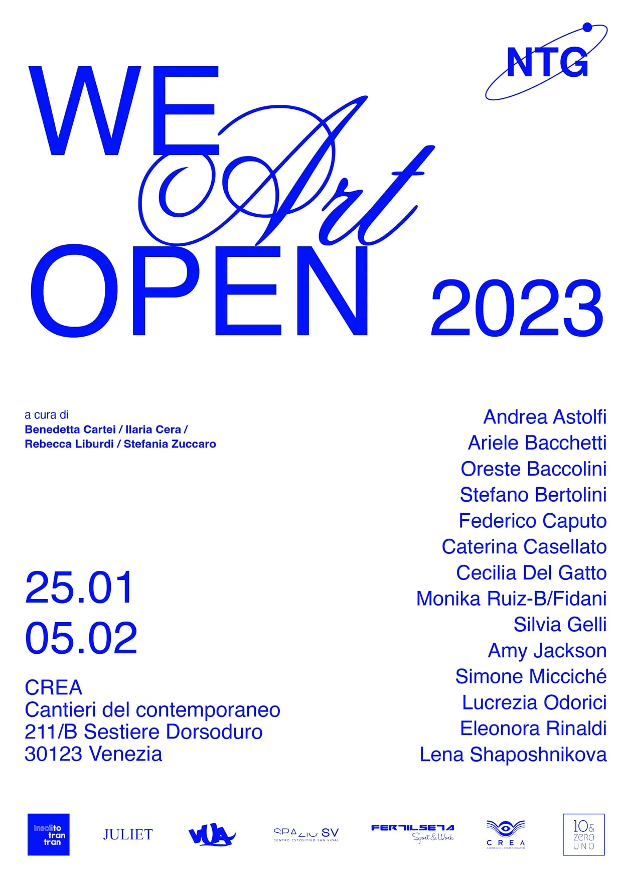 Poster for We Art Open 2023 in blue on white, the No Title Gallery mark at the top right: CREA Cantieri del contemporaneo, Dorsoduro, Venice, 25 January to 5 February, with the curators and the selected artists listed.