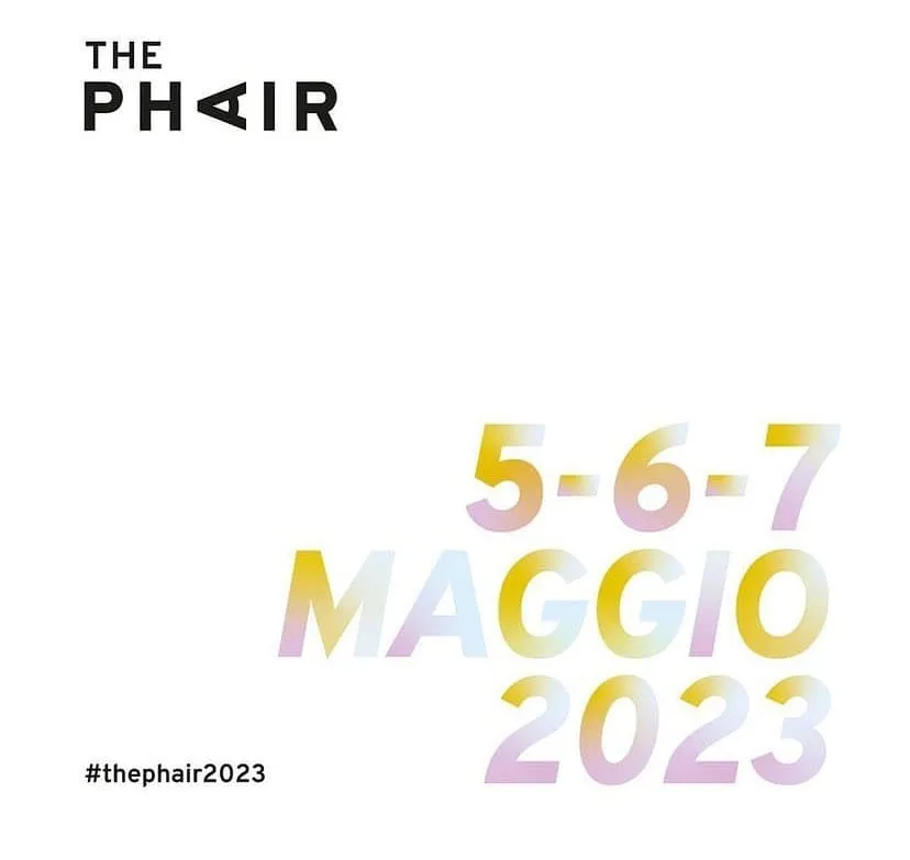 Minimal white poster for the art fair The Phair, its logo at the top and the dates 5, 6 and 7 May 2023 in pale gradient letters.