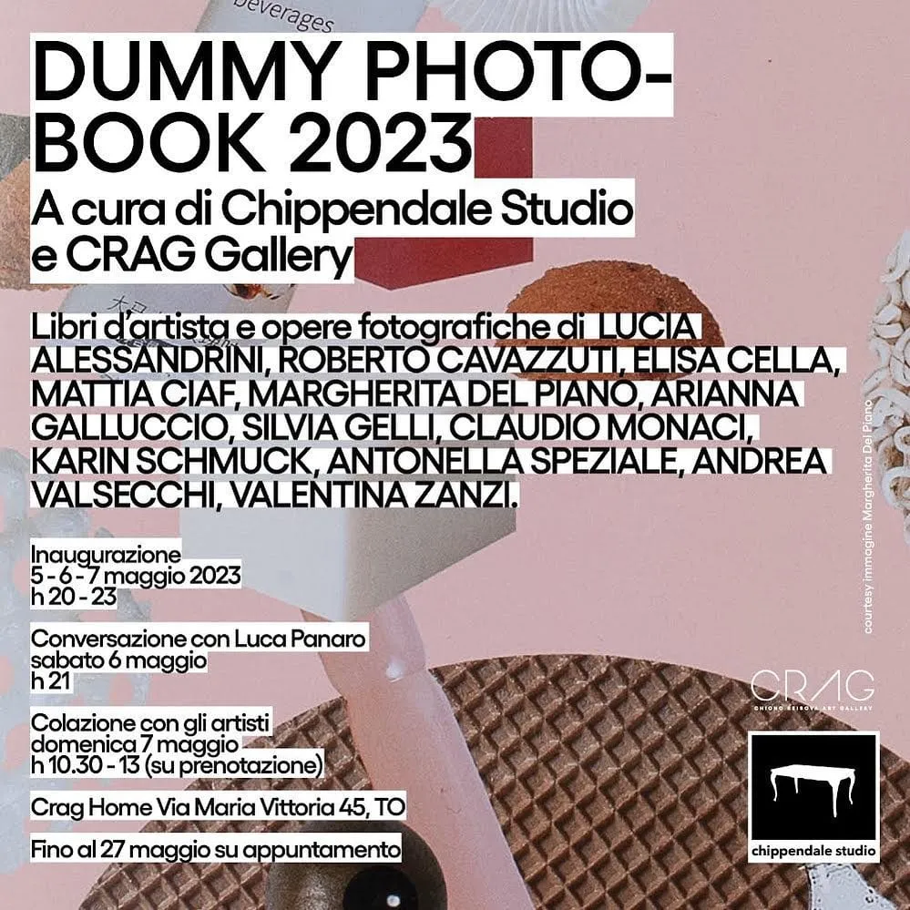 Poster for Dummy Photobook 2023 on a pink collage ground: artists' books and photographic works, curated by Chippendale Studio and CRAG Gallery, Turin, opening 5 to 7 May 2023.