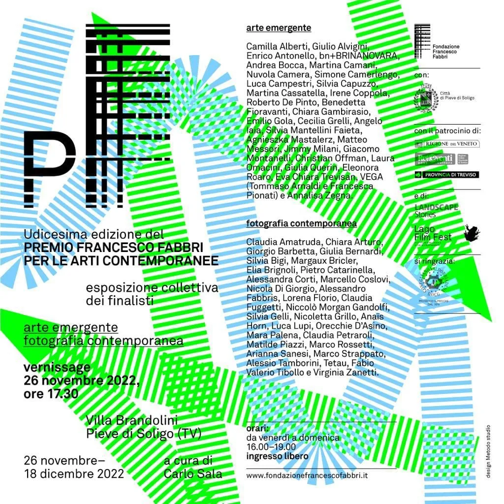 Poster for the eleventh Premio Francesco Fabbri per le Arti Contemporanee, printed over green and pale blue striped shapes: the finalists' group show at Villa Brandolini, Pieve di Soligo, 26 November to 18 December 2022, curated by Carlo Sala.