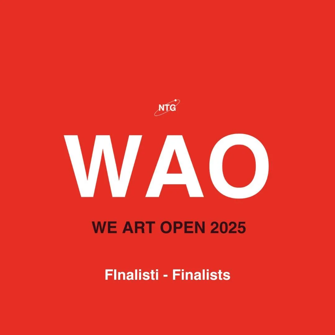 Red square announcing the We Art Open 2025 finalists, with the initials WAO in large white letters and the No Title Gallery mark above.