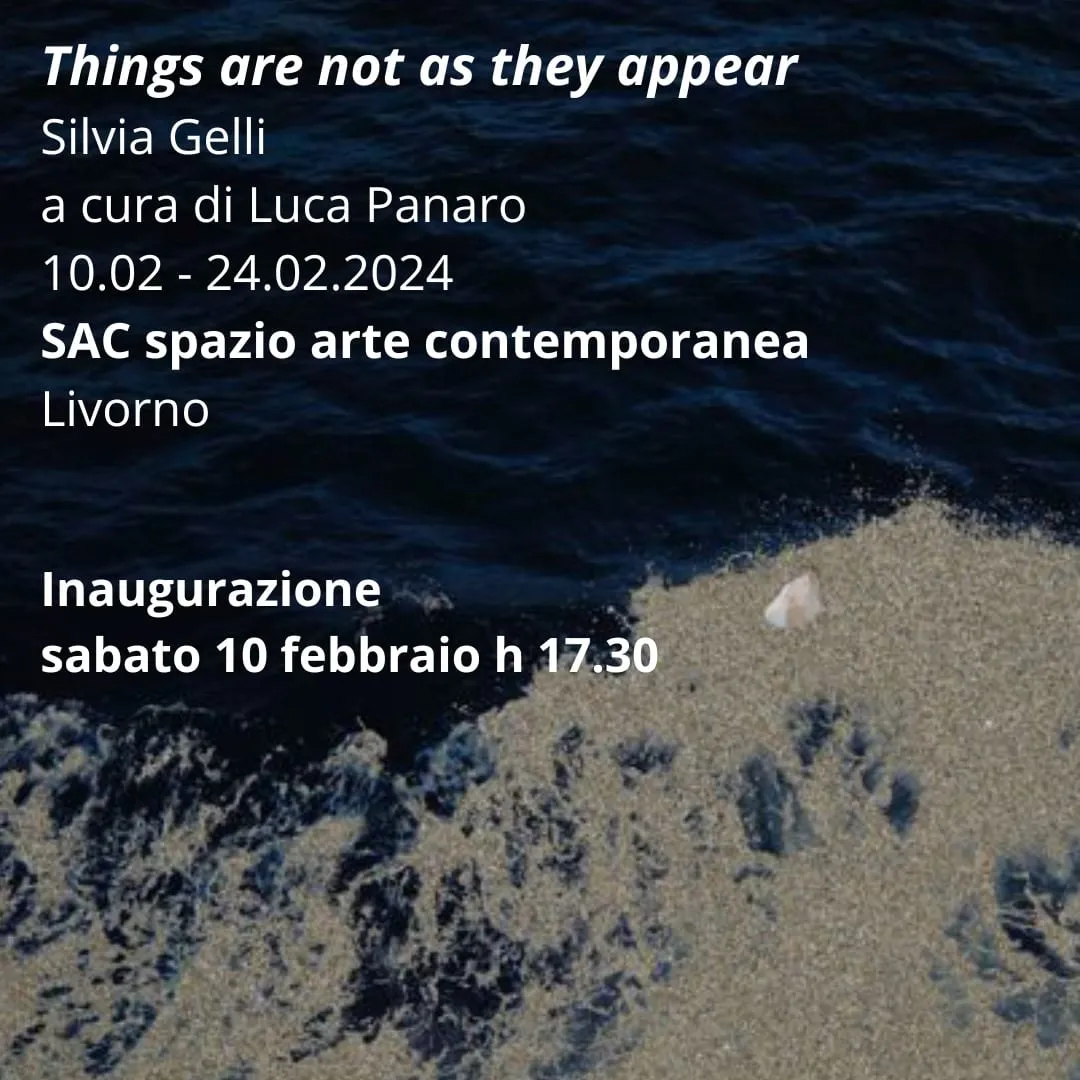 Exhibition poster laid over a photograph of dark sea meeting pale sand: Things are not as they appear, Silvia Gelli, curated by Luca Panaro, SAC spazio arte contemporanea, Livorno, 10 to 24 February 2024.
