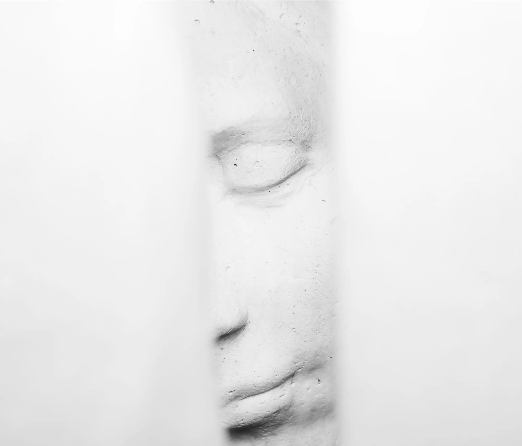 A narrow vertical strip of a plaster cast's face — closed eye, nose and lips in raking light — with the rest of the head dissolving into white.
