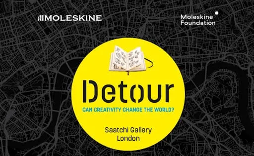 Moleskine Foundation graphic for Detour: a yellow circle holding an open sketchbook over a dark city map, with the question Can creativity change the world? and the Saatchi Gallery, London.