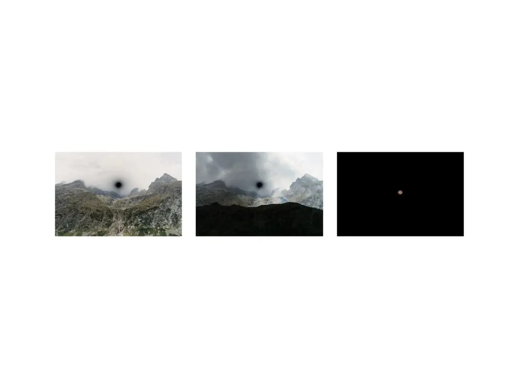 A triptych on white: the alpine view with its dark void, the same scene darkened behind a black ridge, and a third frame almost entirely black with one small pale disc.