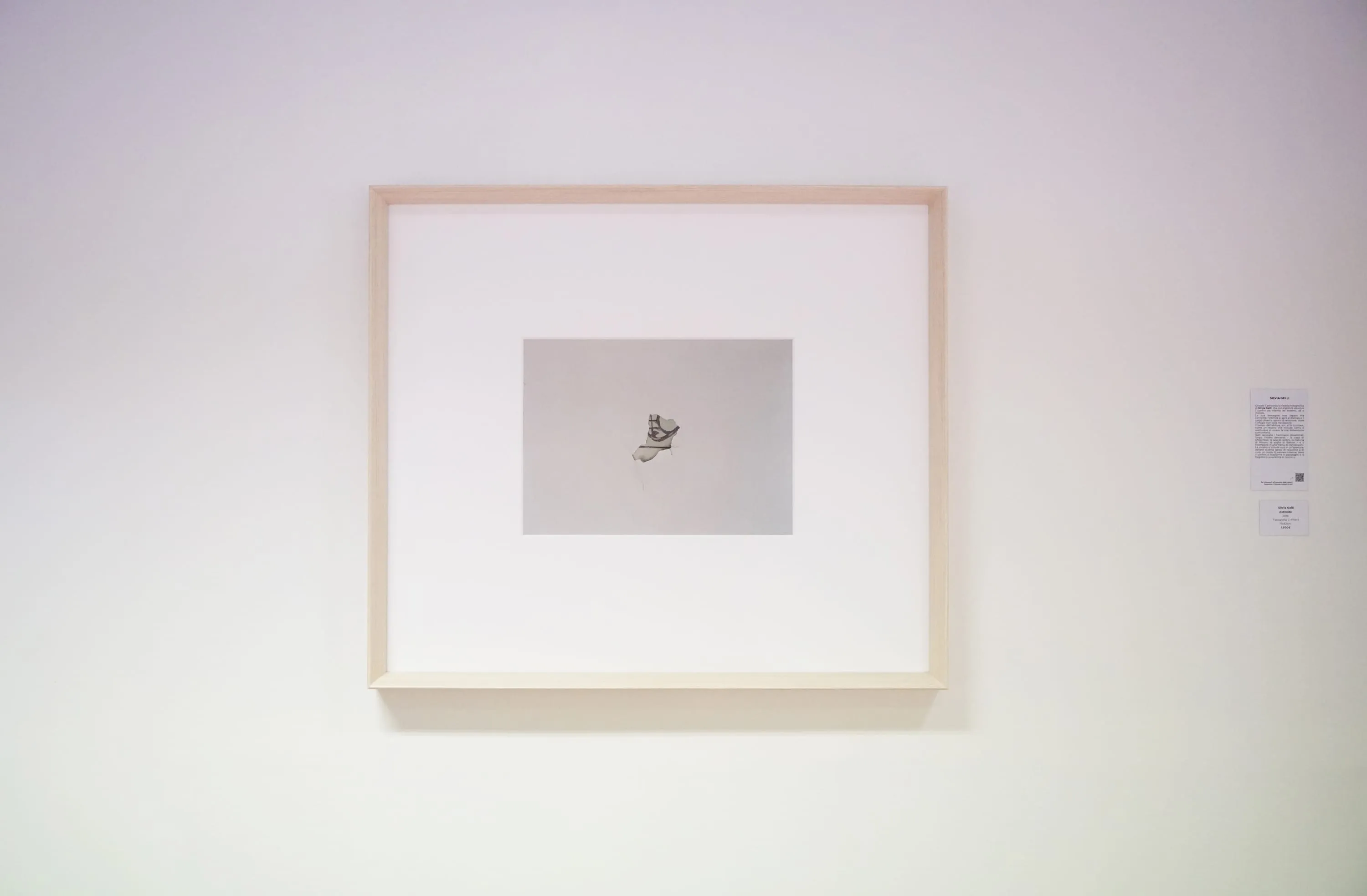 Installation view: the print in a pale wood frame with a wide white mount on a white gallery wall, the wall label visible to the right.