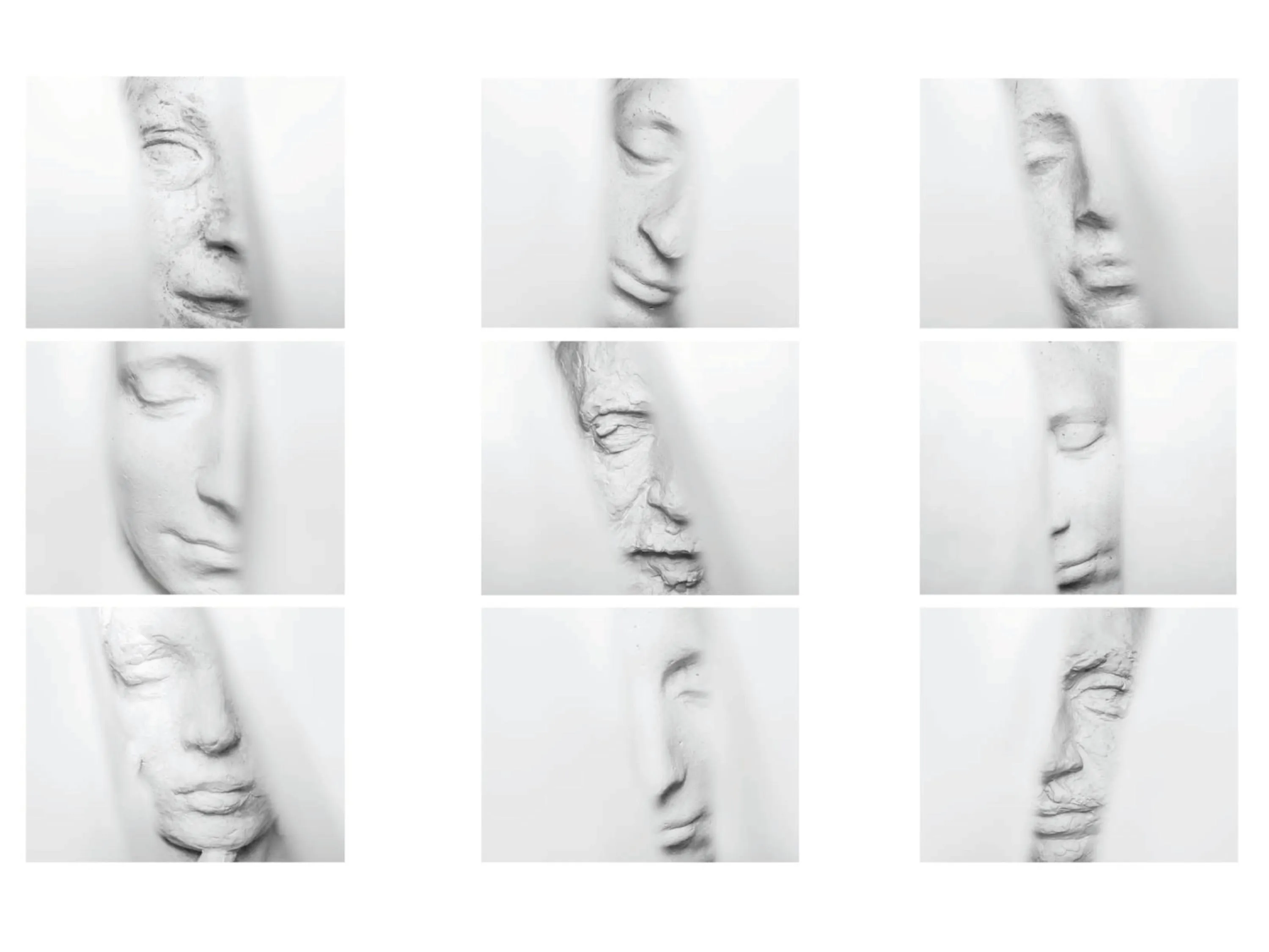A grid of nine images, each a narrow vertical strip of a different plaster cast's face, all with closed eyes, against white.