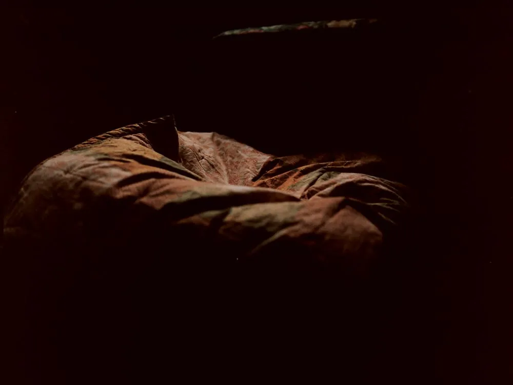 A rumpled bedcover in reddish brown, lit from one side and sinking into darkness, with a thin bright edge catching the light above it.